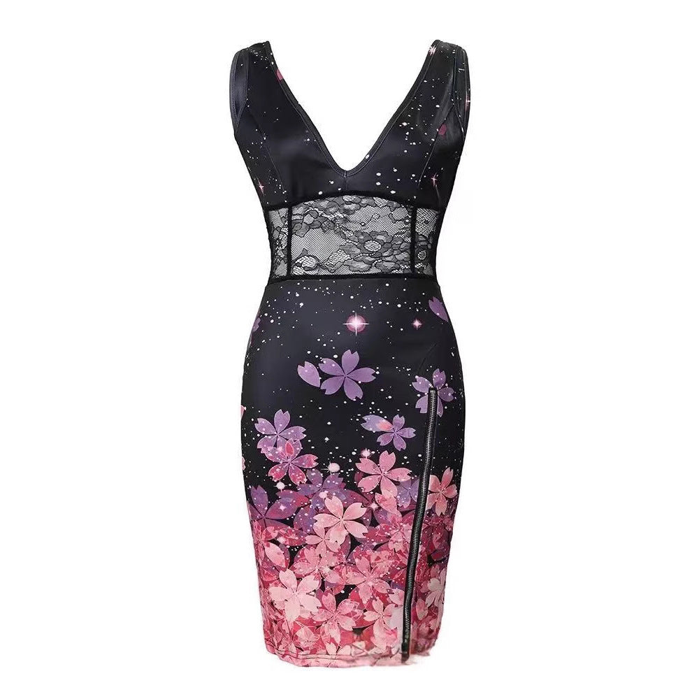 Damen Elegantes Blumenkleid mit tiefem V-Ausschnitt und Spitzen-Details EB