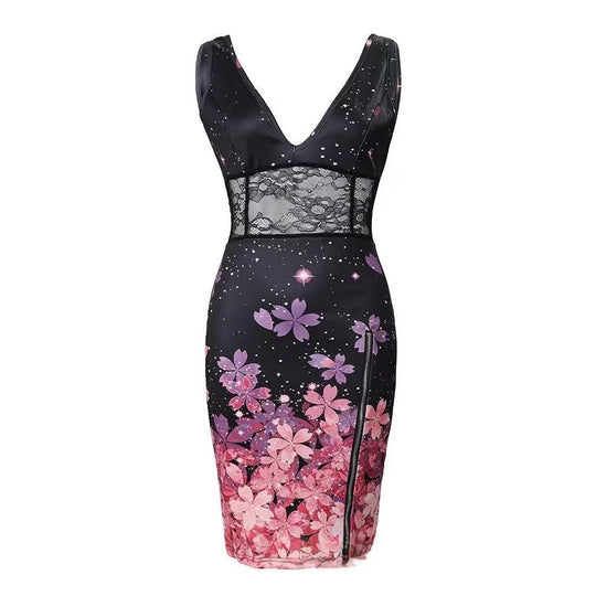 Damen Elegantes Blumenkleid mit tiefem V-Ausschnitt und Spitzen-Details EB