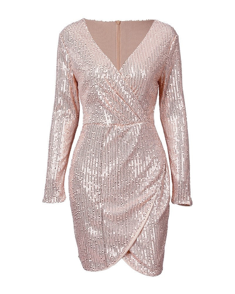 Damen Glamouröses Pailletten-Shiftkleid mit tiefem V-Ausschnitt und langen Ärmeln EB