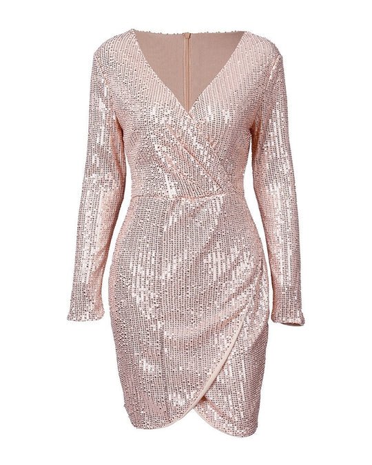 Damen Glamouröses Pailletten-Shiftkleid mit tiefem V-Ausschnitt und langen Ärmeln EB