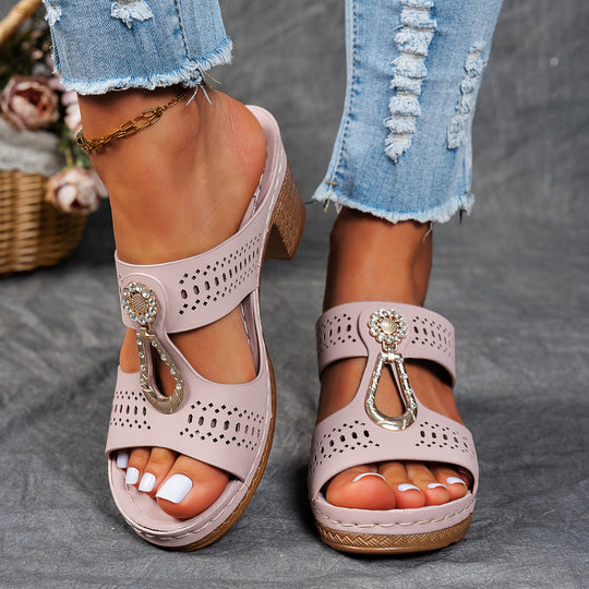 Damen elegante Wedge-Pantoletten mit Dekorativem Schmuckakzent EB