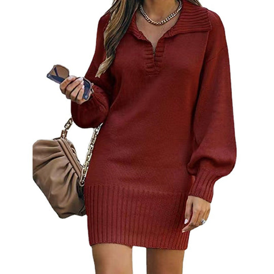 Damen nan schulterfreies Strickminikleid mit weitem V-Ausschnitt und Rippbund EB