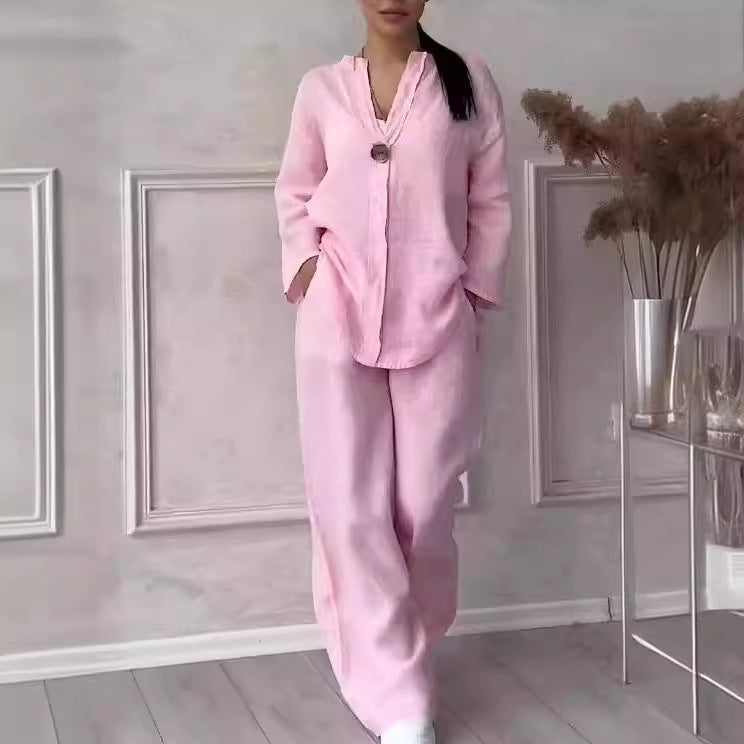 Damen nan lässiges Leinen-Relax-Set mit weiter Hose und Hemdbluse EB