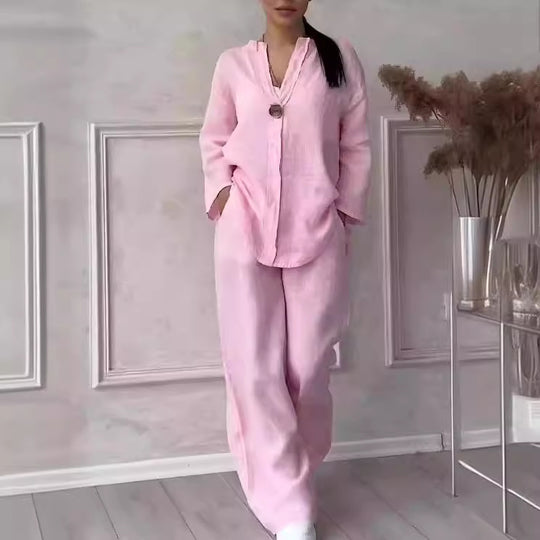 Damen nan lässiges Leinen-Relax-Set mit weiter Hose und Hemdbluse EB