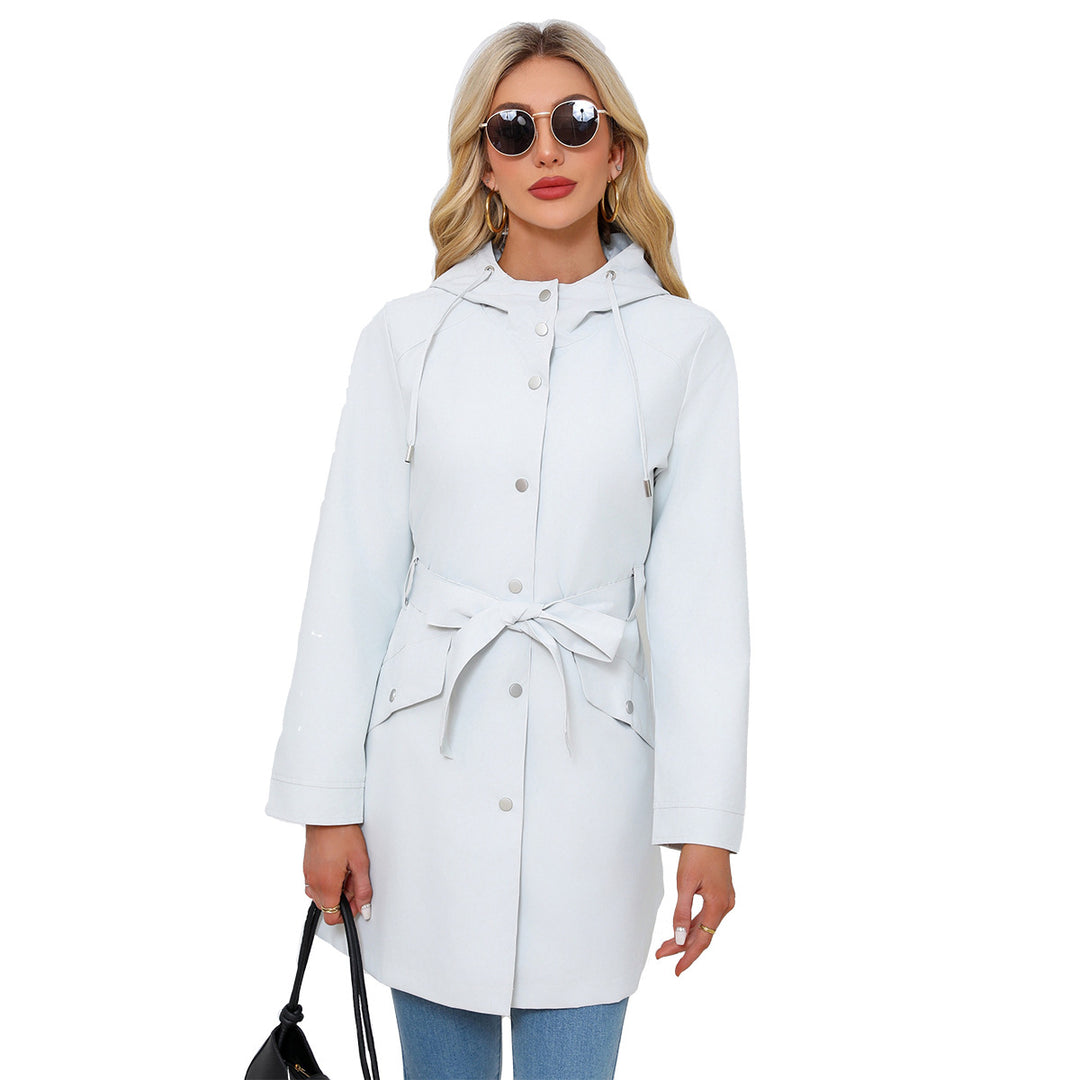 Damen wasserfeste Übergangsjacke mit verstellbarem Kapuzenkragen und Taillengürtel EB