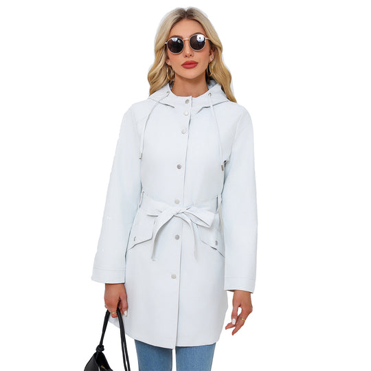 Damen wasserfeste Übergangsjacke mit verstellbarem Kapuzenkragen und Taillengürtel EB