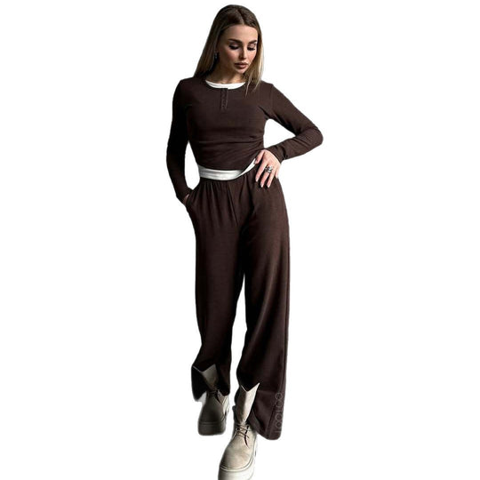Damen Loungewear-Set aus weichem Modal mit Henley-Knopfleiste und weitem High-Waist Jogger EB