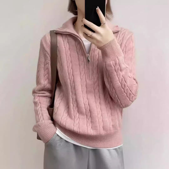 Damen kuscheliger Strickpullover mit hochschließendem Kragen und Zipper EB