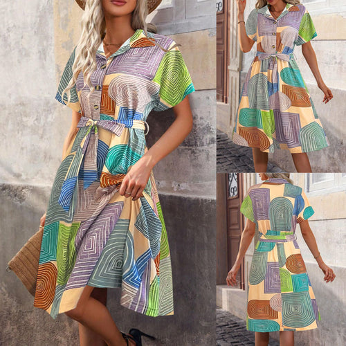 Damen ärmelloses Kleid mit geometrischem Muster und Bindegürtel EB