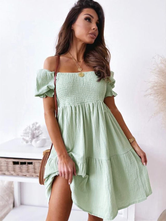 Damen lässiges Sommerkleid mit Puffärmel und Volants EB