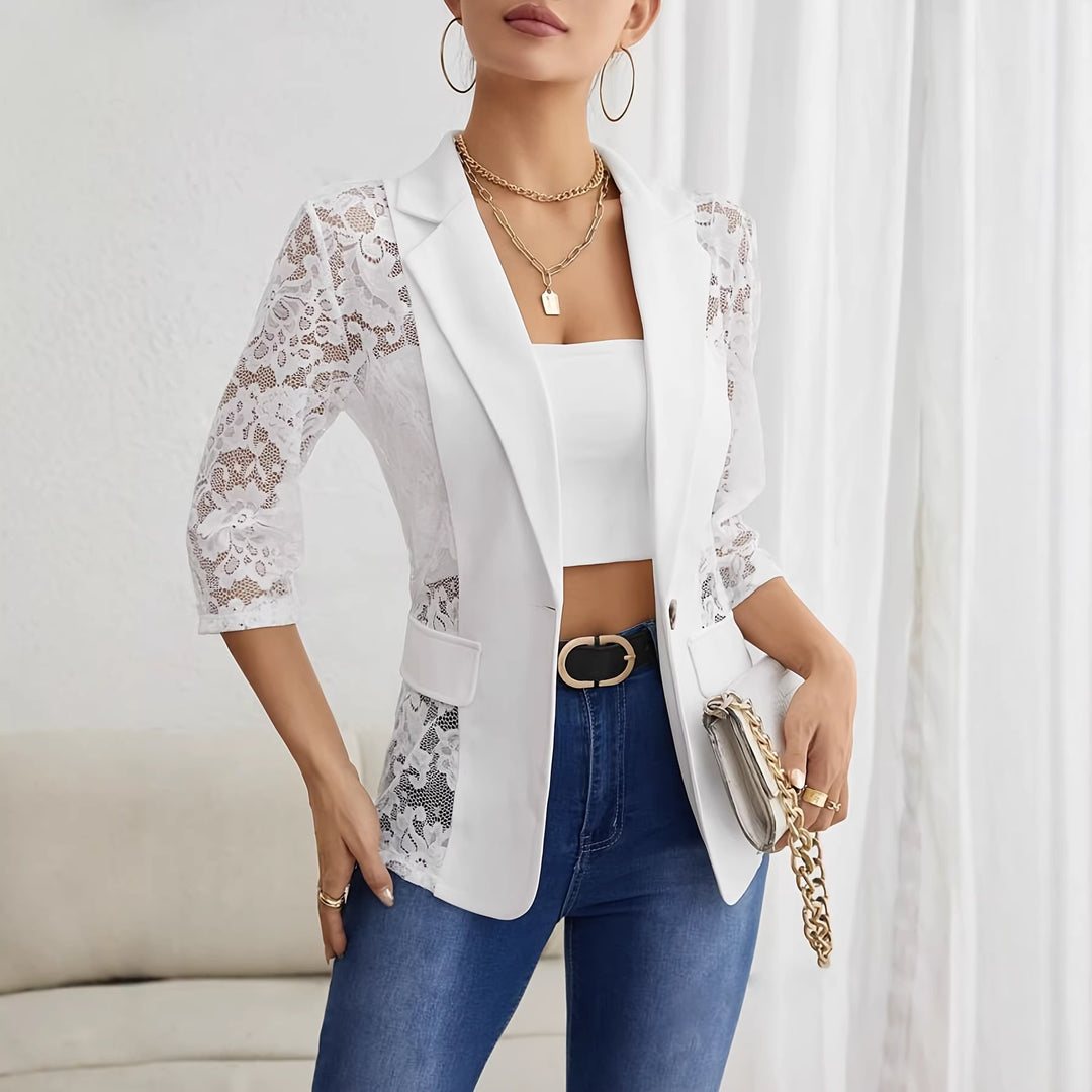 Damen nan taillierter Longblazer mit Spitzeneinsätzen und Reverskragen EB
