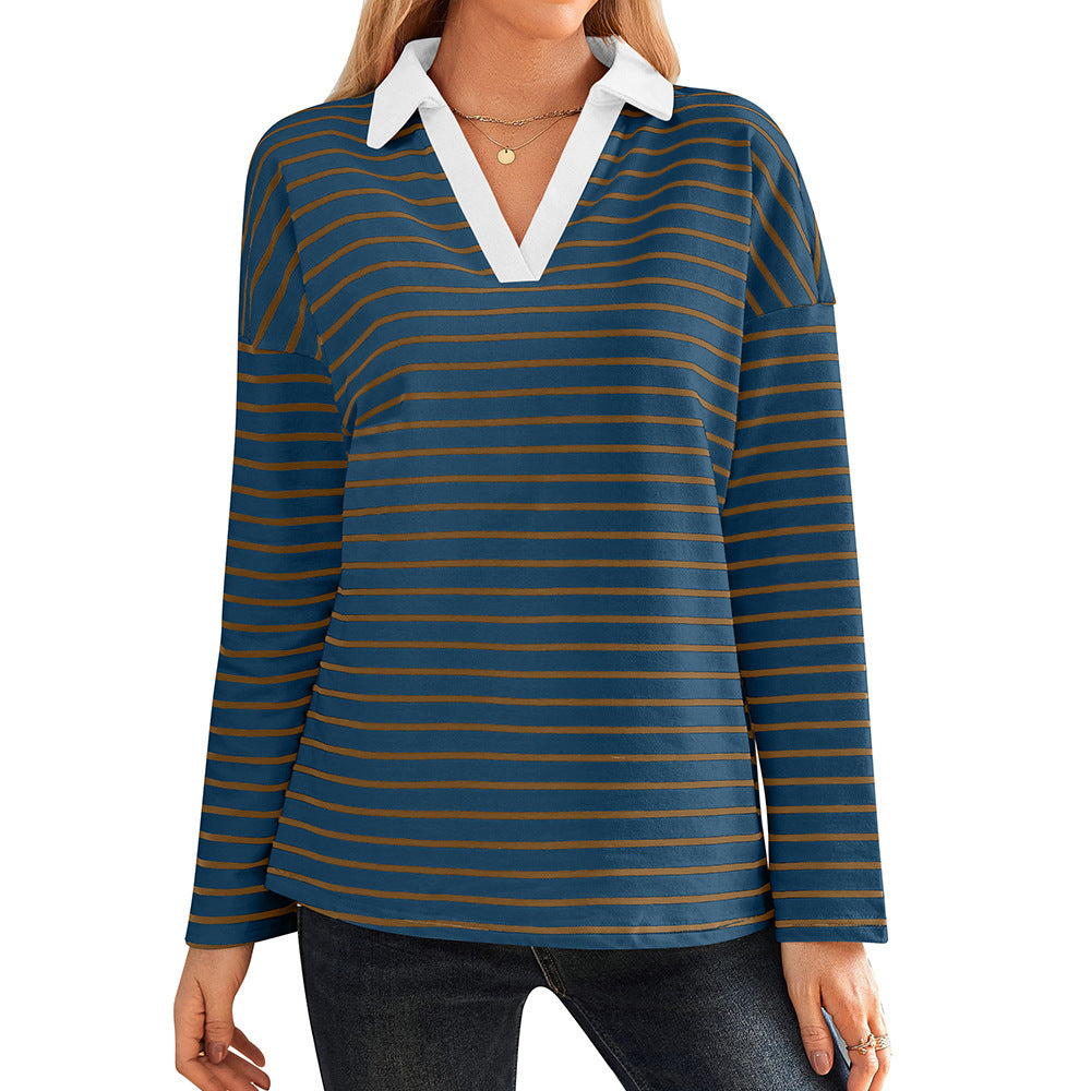 Damen gestreiftes Polo-Shirt mit V-Ausschnitt und kontrastierendem Kragen EB