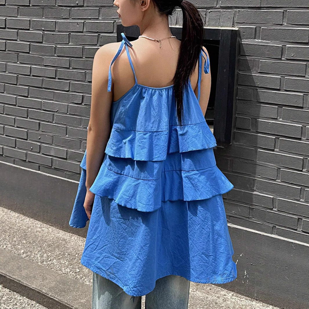 Damen luftiges Schwingkleid mit mehrlagigem Design und verstellbaren Trägern EB