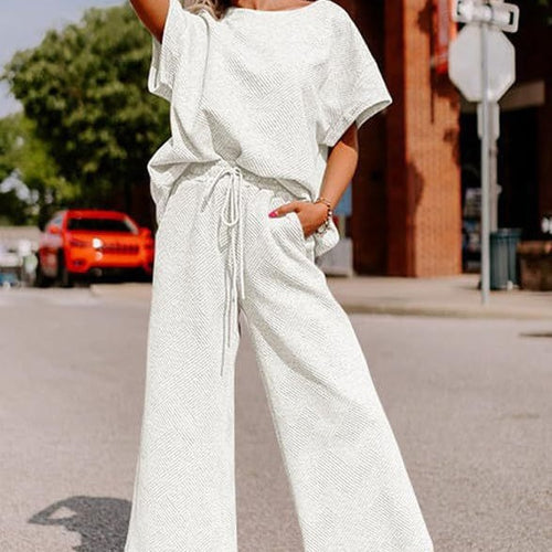 Damen lässiges Jumpsuit-Set aus weichem Material mit elastischem Bund und weit geschnittenen Beinen EB