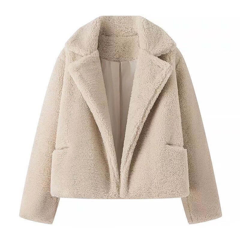 Damen nan kurzes Teddy-Fleece Blouson mit Reverskragen, wattiertem Innenfutter und Eingrifftaschen EB