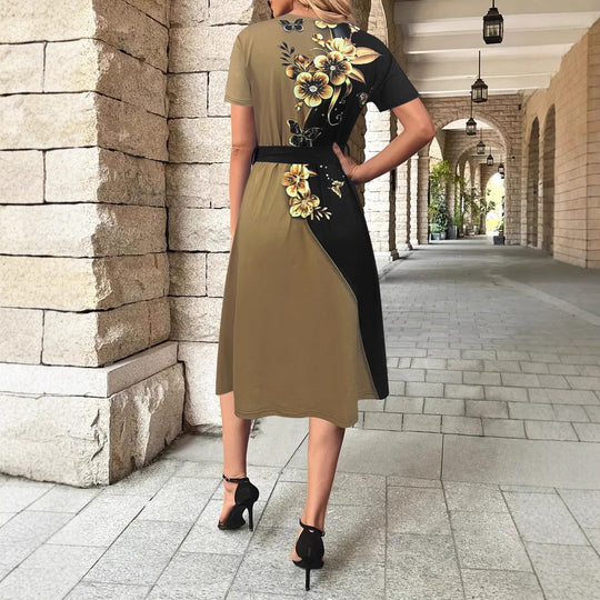 Damen Elegantes Freizeitkleid mit floralem Design und Taillengürtel EB