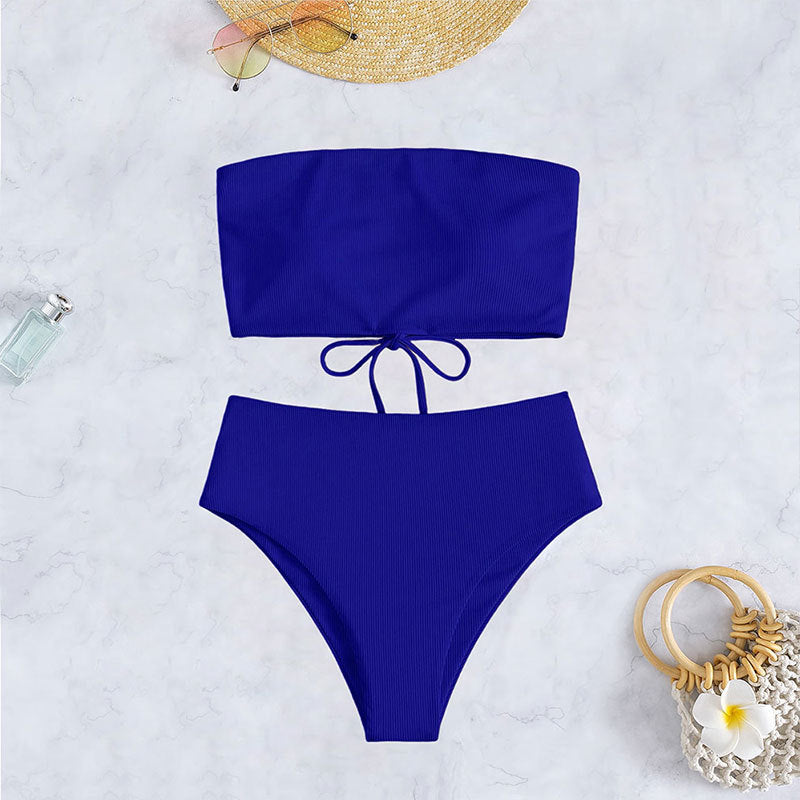 Damen Bandeau-Bikini-Set mit hohem Beinausschnitt und Bindedetails EB