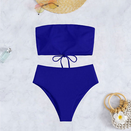 Damen Bandeau-Bikini-Set mit hohem Beinausschnitt und Bindedetails EB