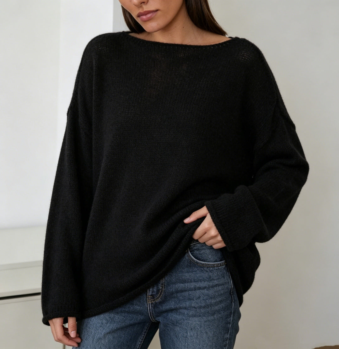 Damen luftiger Oversize-Feinstrickpullover mit weitem Arm und Rundhalsausschnitt EB