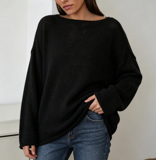 Damen luftiger Oversize-Feinstrickpullover mit weitem Arm und Rundhalsausschnitt EB