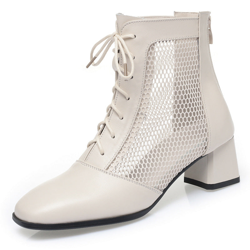 Damen Modische Stiefeletten mit luftiger Netzoptik und bequemem Blockabsatz EB
