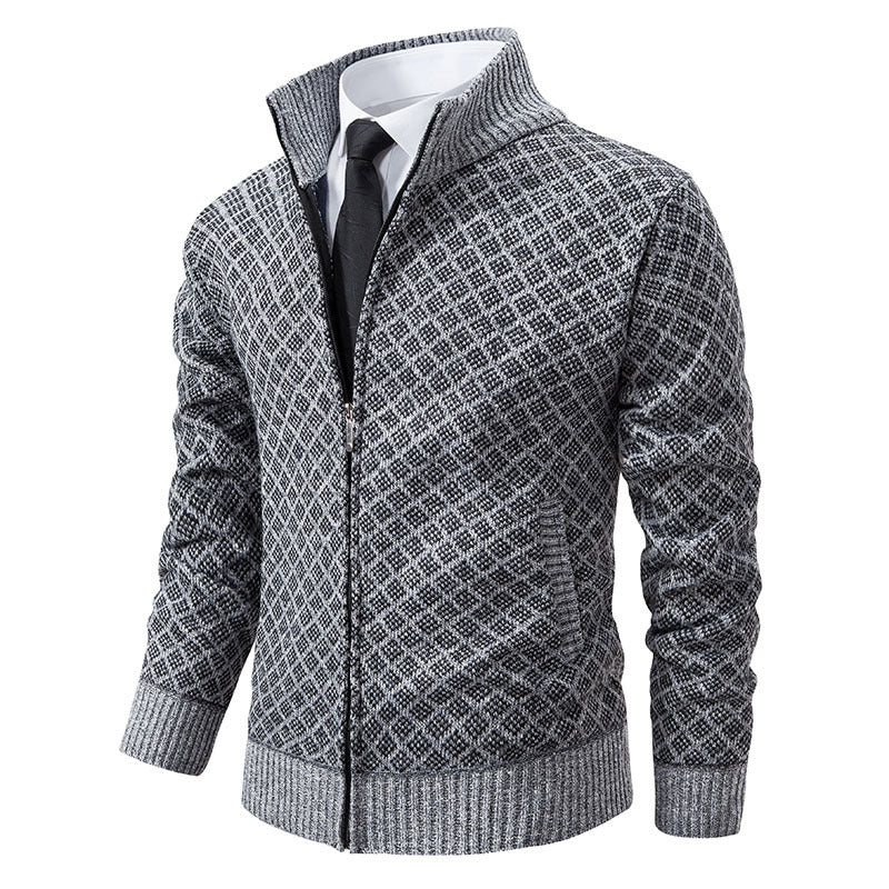 Herren nan gemusterte Strickjacke mit Stehkragen und durchgehendem Reißverschluss EB