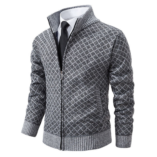 Herren nan gemusterte Strickjacke mit Stehkragen und durchgehendem Reißverschluss EB