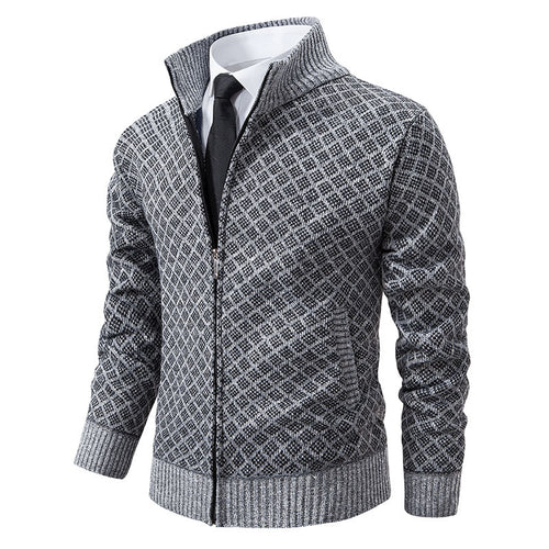 Herren nan gemusterte Strickjacke mit Stehkragen und durchgehendem Reißverschluss EB