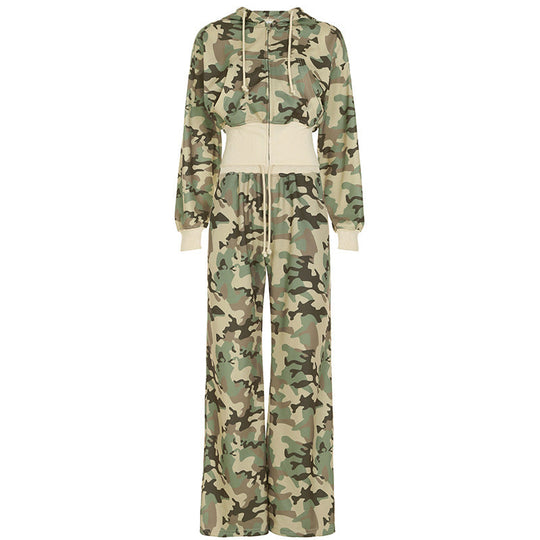 EB | Unformal Kontrastfarbe Gesamt Hoodie Langarm Sweatshirt Hose Zwei Teile Camouflage Strickjacke Hose Set
