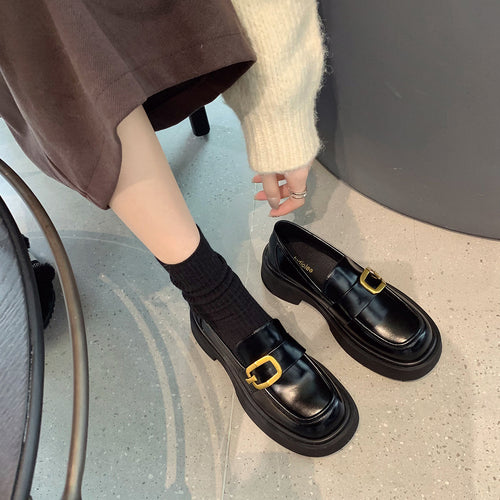 Damen Elegante Loafers mit stabiler Sohle und goldfarbener Schnallenakzent EB
