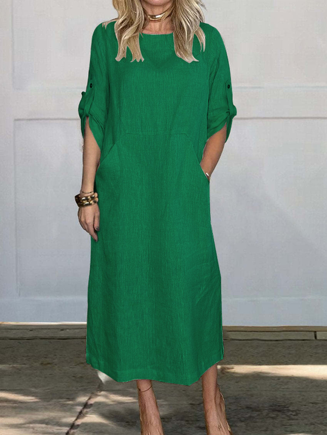 Damen lässiges Maxikleid mit praktischen Taschen und hochgekrempelten Ärmeln EB