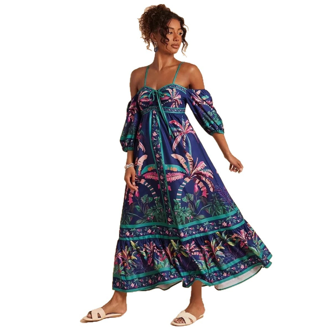 Damen Maxikleid mit schulterfreiem Design und tropischem Druck EB