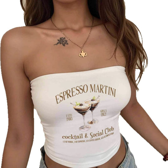 Damen Bandeau Top mit Espresso Martini Aufdruck und figurbetontem Schnitt EB