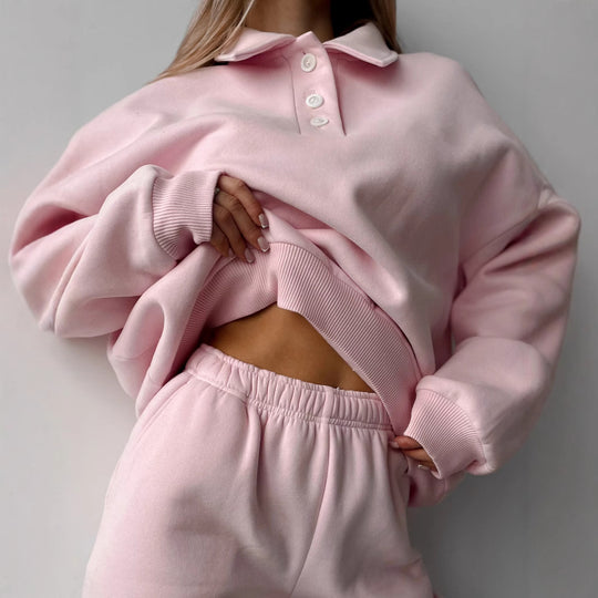 Damen Polo-Sweatshirt und Relax-Fit Jogginghose Set aus French Terry EB
