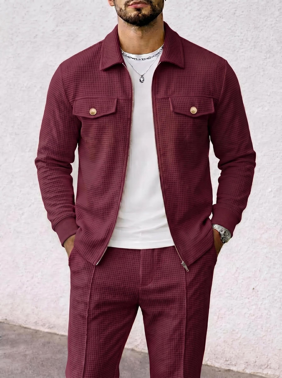 Herren nan strukturierte Overshirt-Jacke mit Waffelstruktur, Pattentaschen und verdecktem Reißverschluss EB