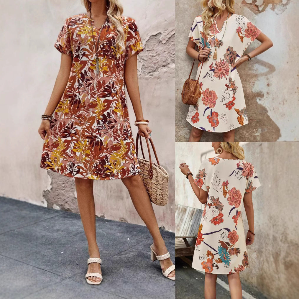 Damen Midikleid mit floralem Muster und modernem V-Ausschnitt EB