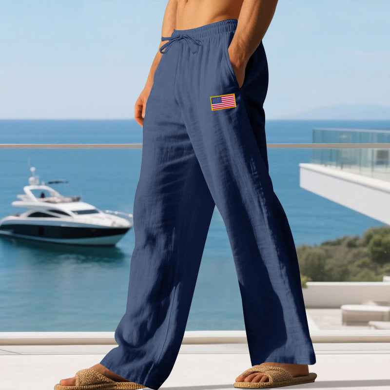 Herren Maritime Relaxed‑Fit Leinenoptik-Freizeithose mit Tunnelzug & Flaggen-Patch EB