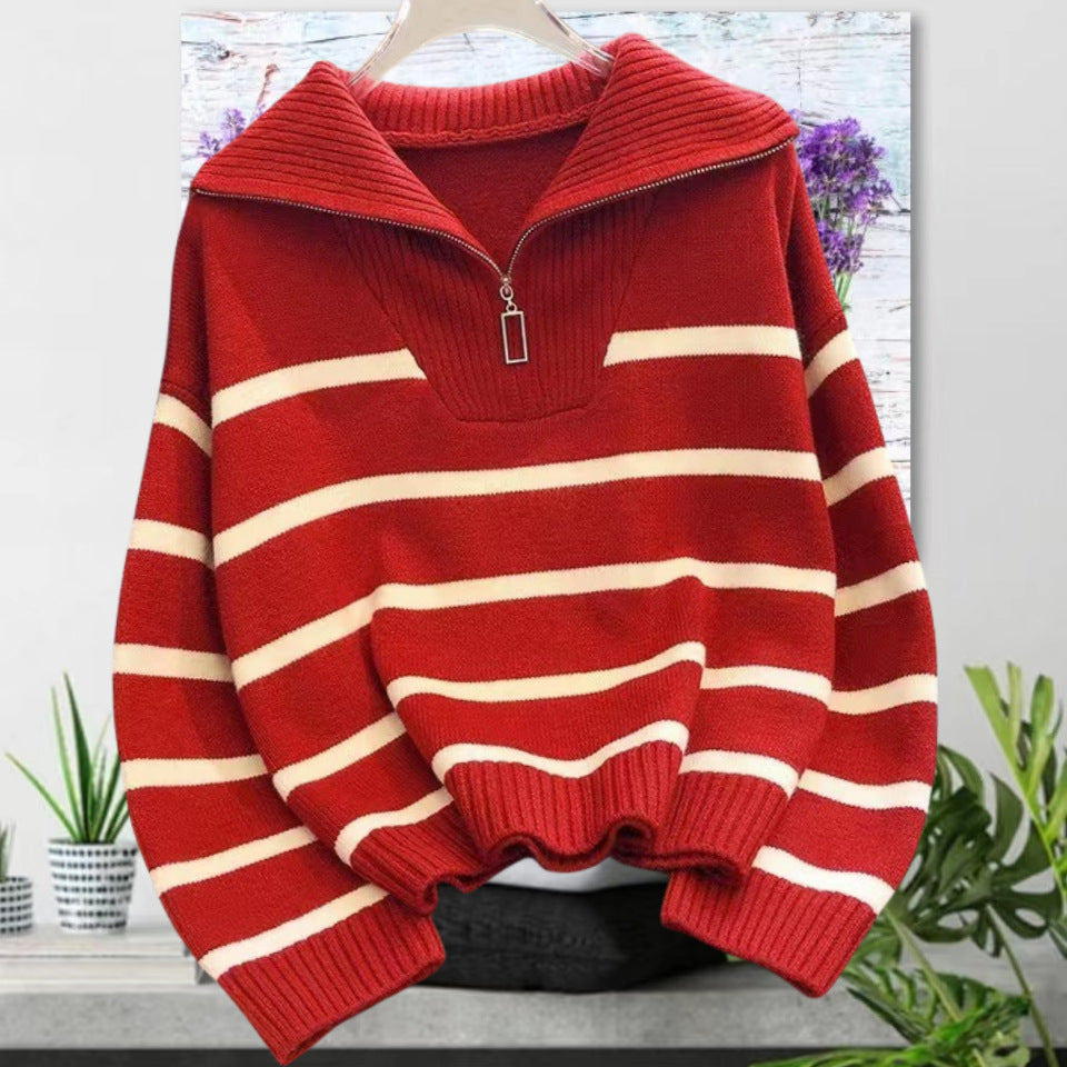Damen gestreifter Pullover mit hohem Kragen und Reißverschluss EB