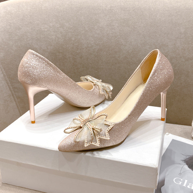 Damen eleganten High-Heels mit glitzerndem Schleifen-Detail EB