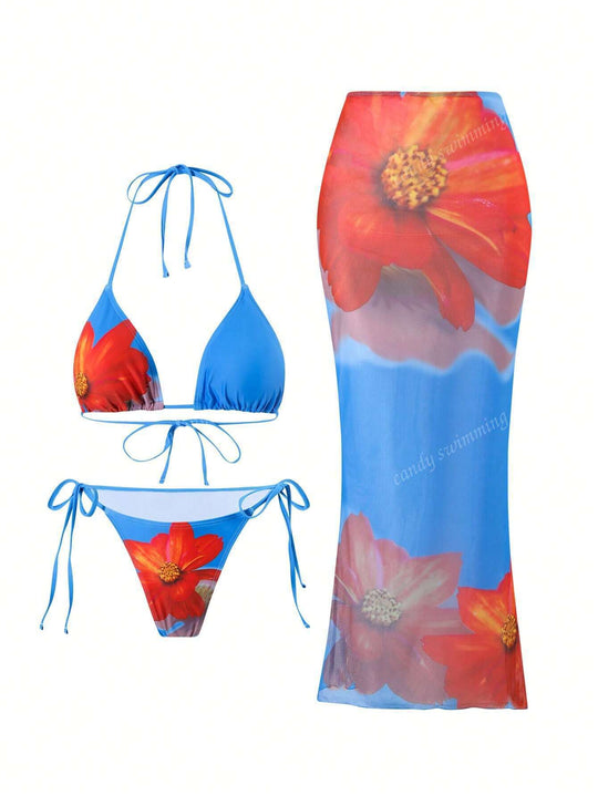 Damen Triangel-Bikini-Set mit floralen Mustern und transparentem Maxirock EB