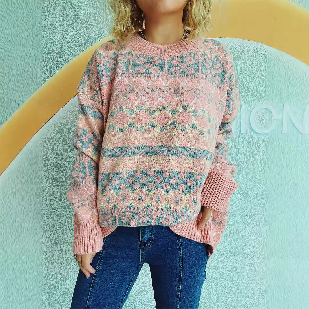 Damen gemütlicher Strickpullover mit winterlichem Muster und lässigem Schnitt EB