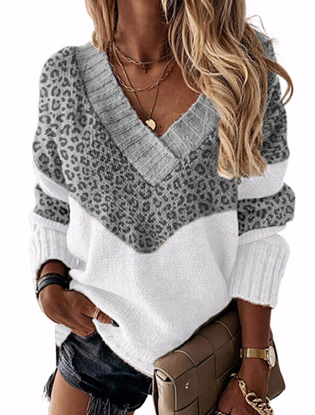Damen modischer V-Ausschnitt Pullover mit Leopardenmuster EB