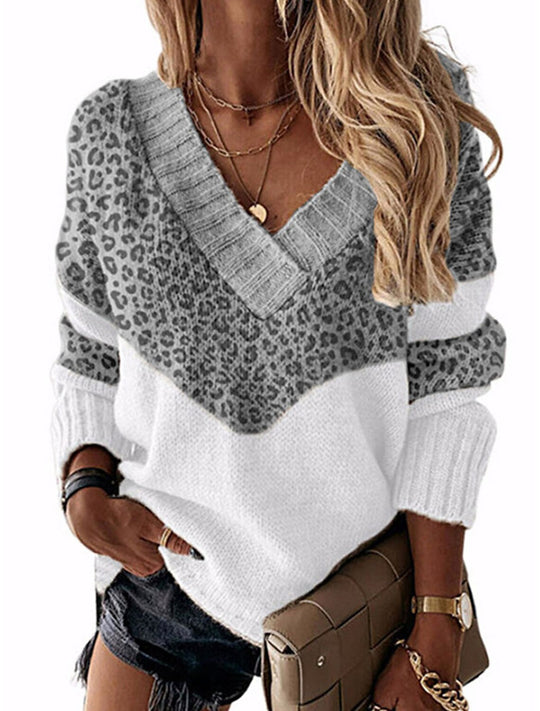 Damen V-Ausschnitt Pullover mit Leopardenmuster EB