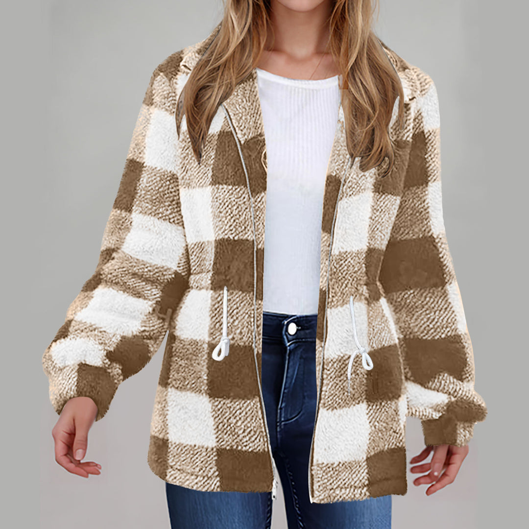 Damen Fleecejacke mit modischem Karomuster und praktischen Taschen EB