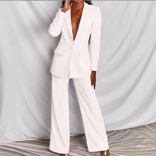 Damen nan taillierter Hosenanzug mit tiefem Revers, Ein-Knopf-Verschluss und Palazzo-Hose EB