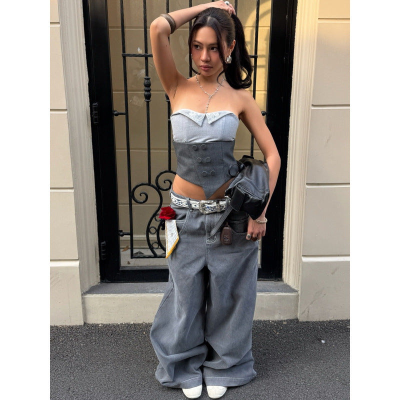 Damen Corsage mit Spitzenkragen und tailliertem Design EB
