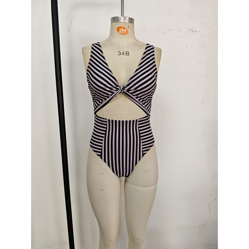 Damen Einteiler Badeanzug mit Cut-Out-Design und gestreiftem Muster EB