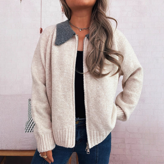 Damen Strickjacke mit modischen Kontrasten und Reißverschluss EB