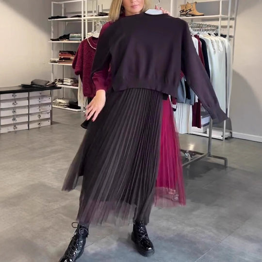 Damen Elegantes Faltenrock- und Pullover Set EB