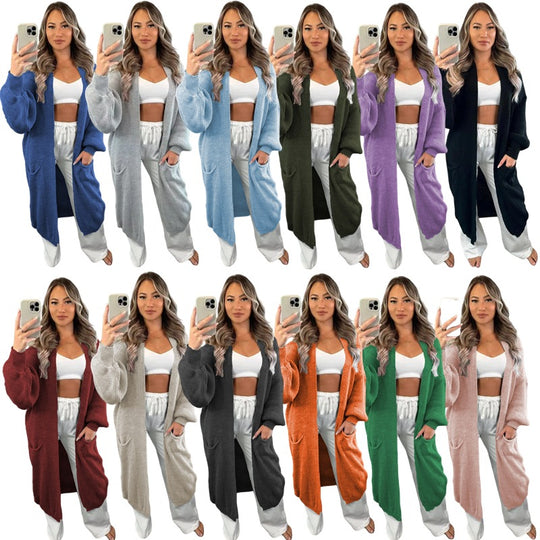 Damen lässiger Strickmantel mit tiefen Taschen und offenem Design EB